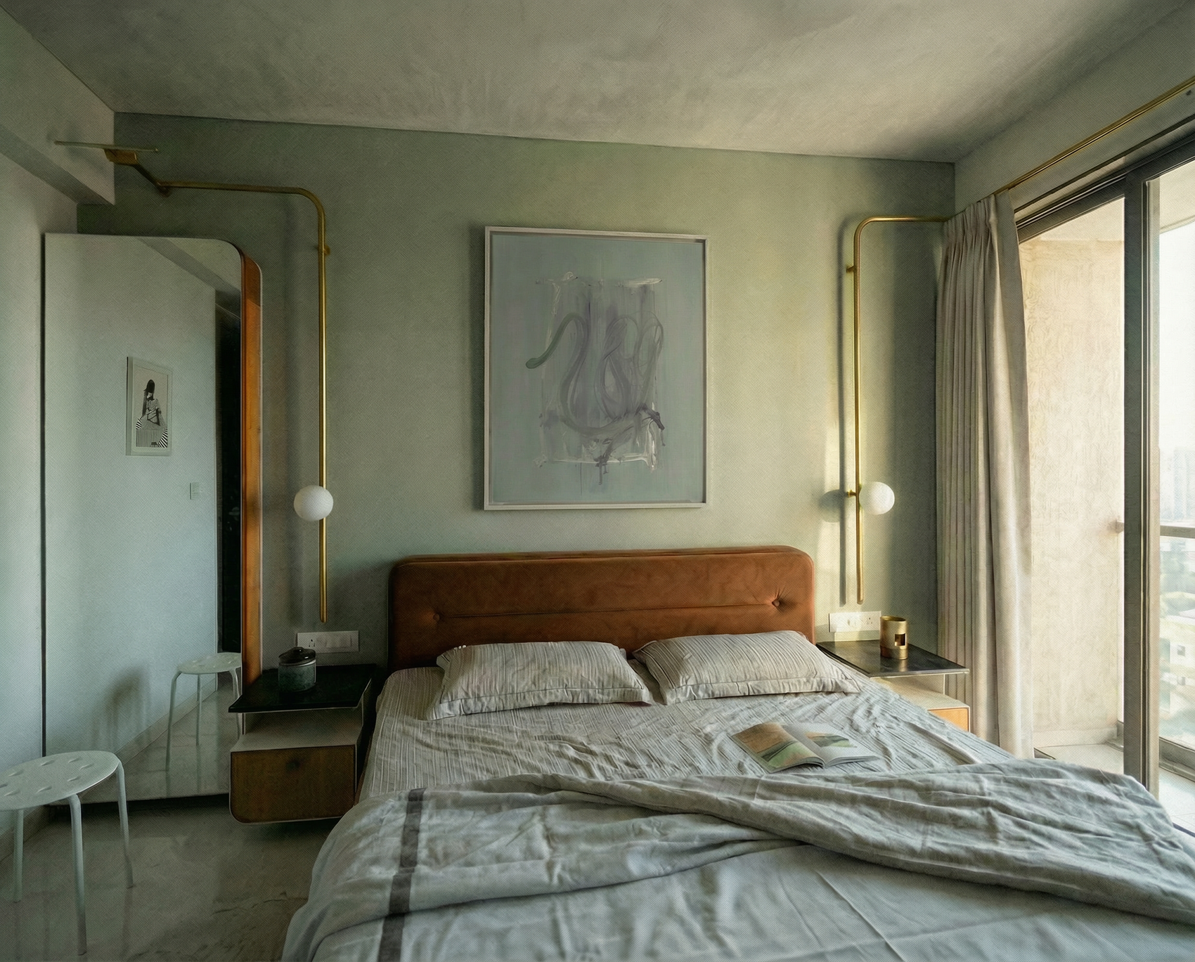 Modern bedroom with a bed, nightstands, and wall art. tension 3 – Textured Abstract Canvas Art | Premium Luxury Wall Decor | Brume Art