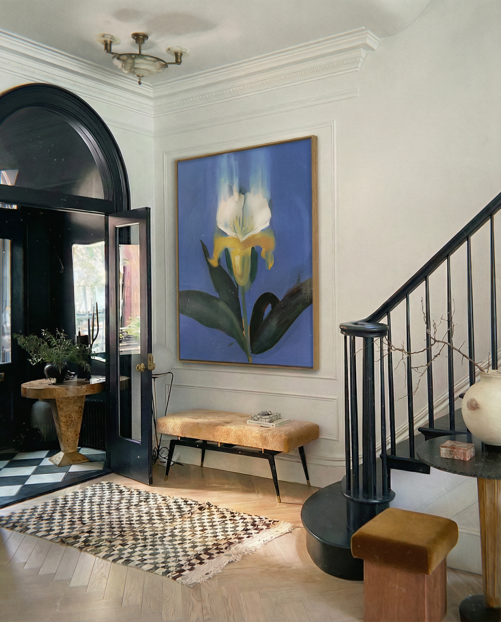 Staircase with a large floral painting on the wall, wooden floor, and decorative elements. Iris – Botanical Canvas Wall Art | Premium Luxury Print | Brume Art