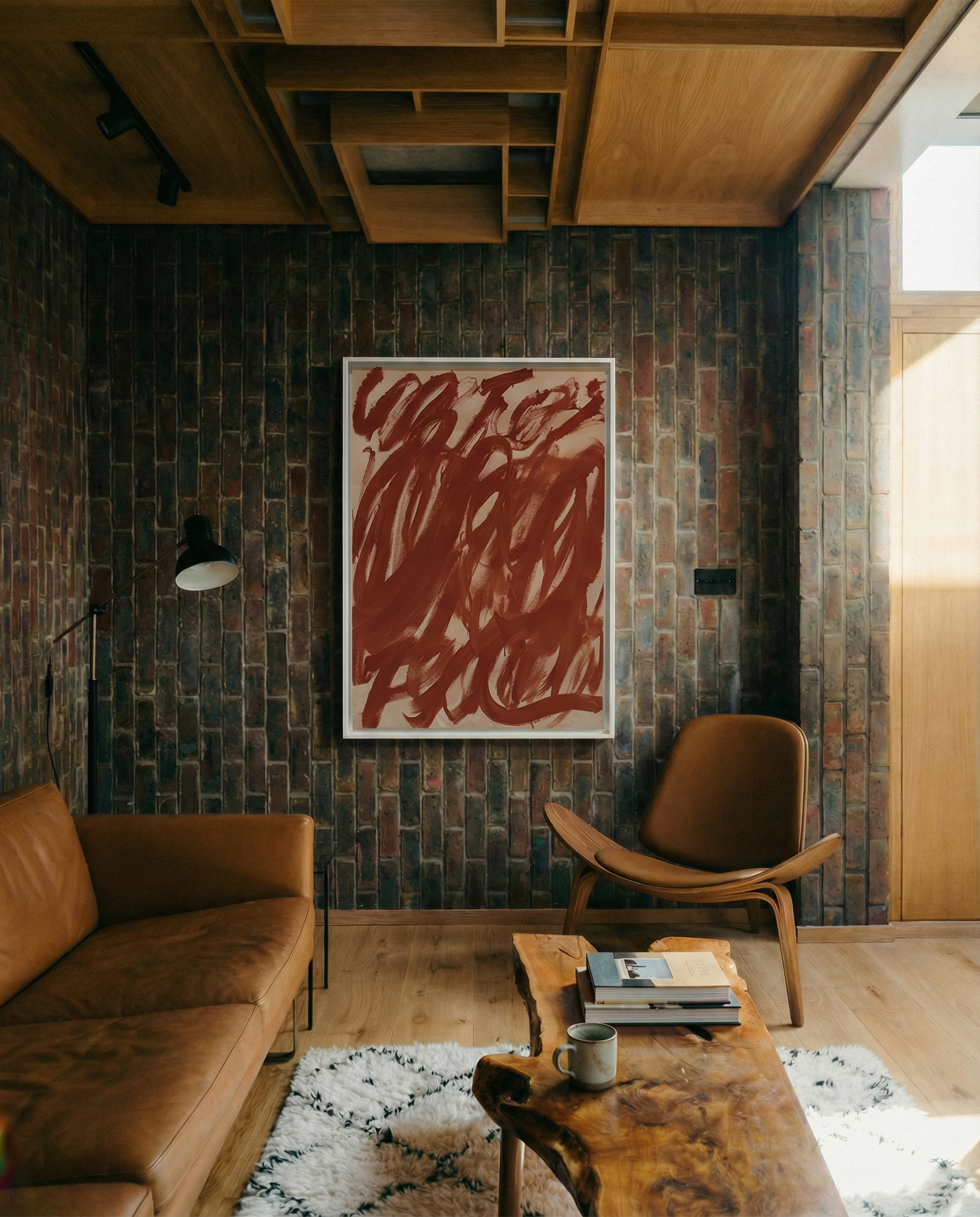 Modern living room with brown leather sofa, wooden chair, and abstract art on brick wall. Noise 6 – Textured Abstract Canvas Art | Premium Luxury Wall Decor | Brume Art