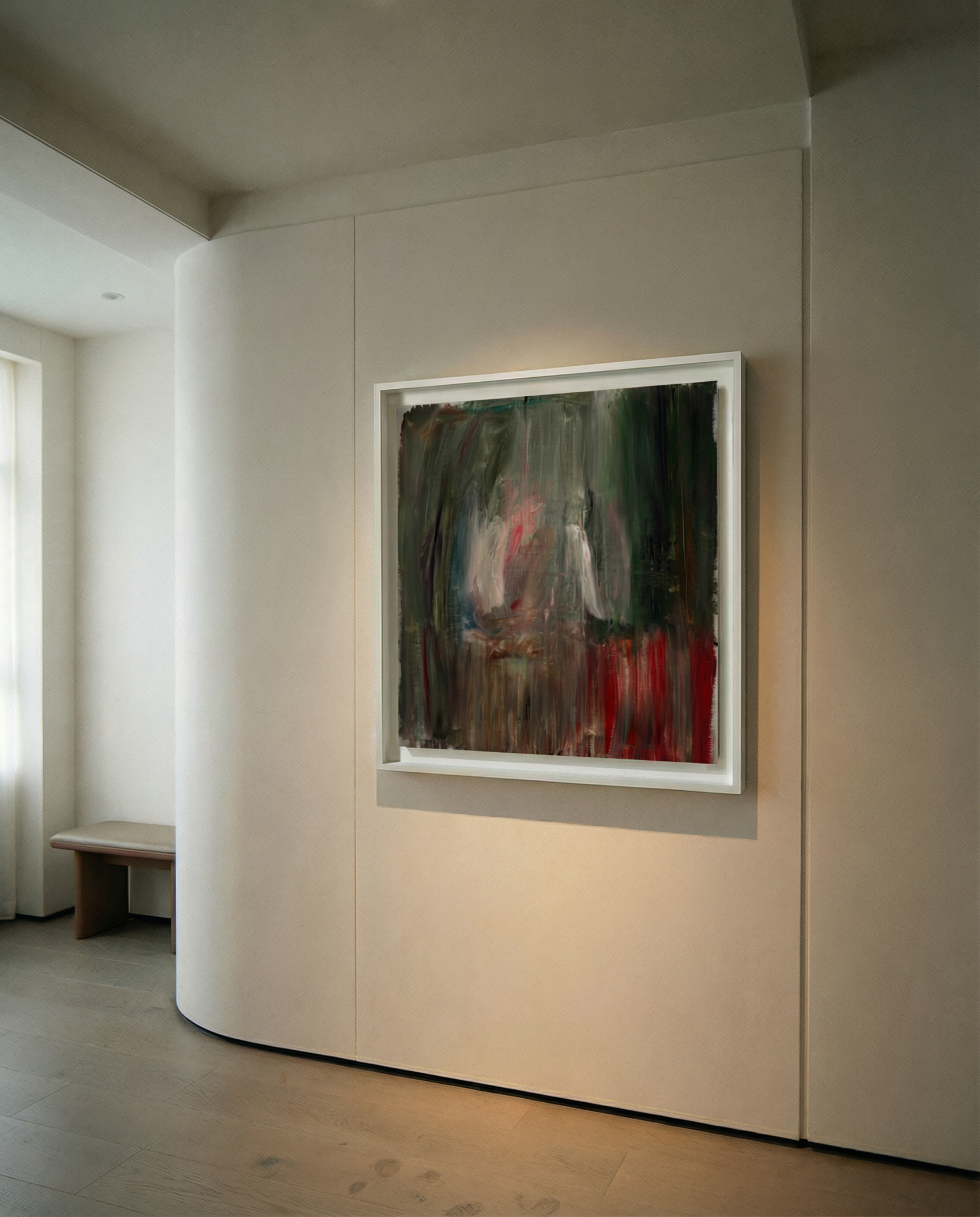 Abstract painting on a wall in a minimalistic room Field green – Bold Abstract Canvas Wall Art | Large Luxury Print | Brume Art 