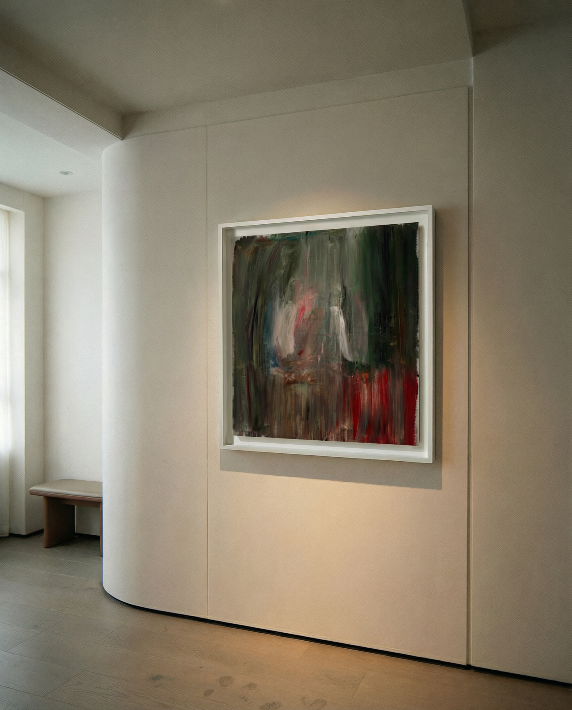 Abstract painting on a wall in a minimalistic room Field green – Bold Abstract Canvas Wall Art | Large Luxury Print | Brume Art 