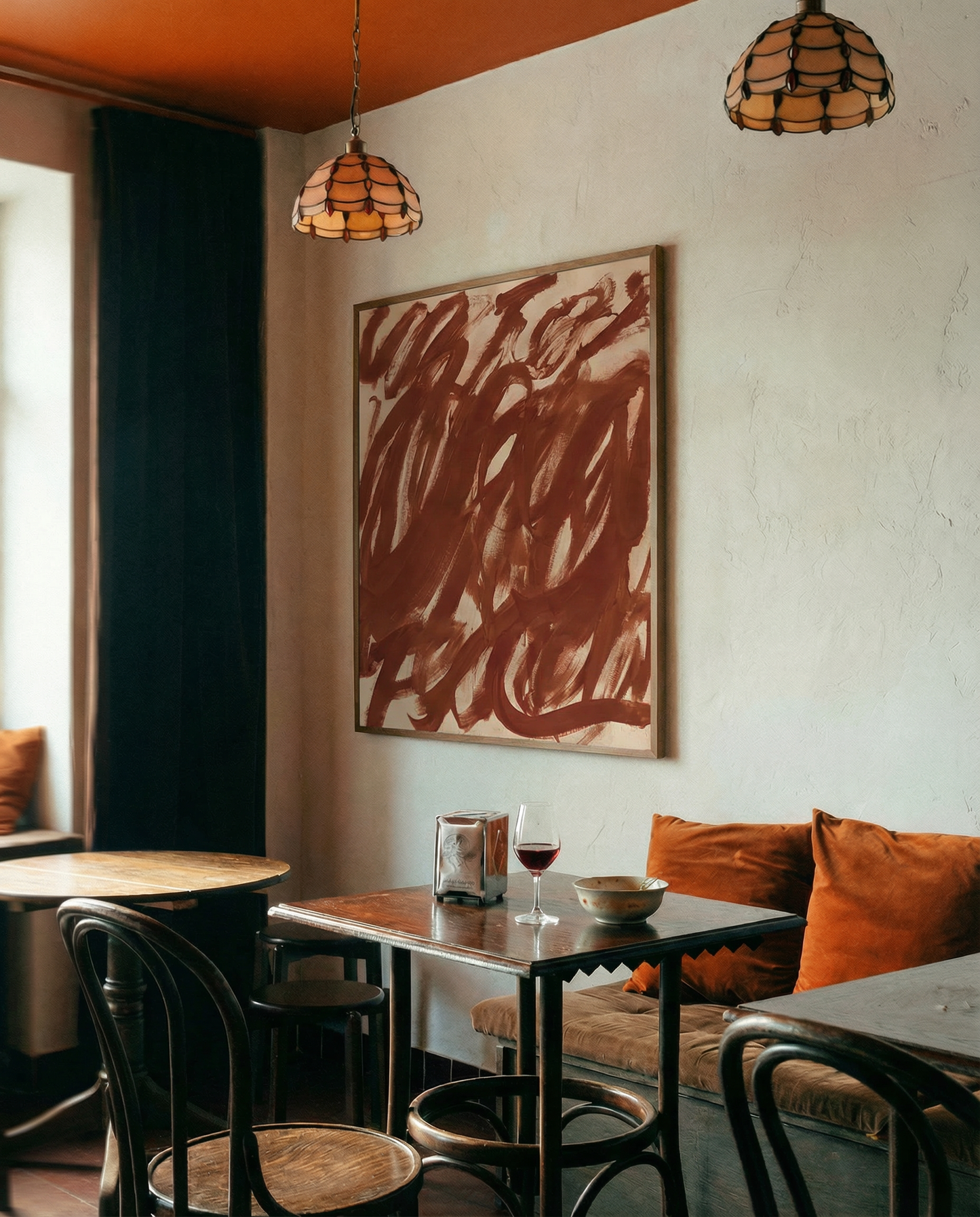 Cozy interior of a restaurant with abstract art, wooden tables, and chairs. Noise 6 – Textured Abstract Canvas Art | Premium Luxury Wall Decor | Brume Art